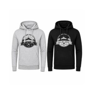 Gray and black hooded sweatshirts with print.