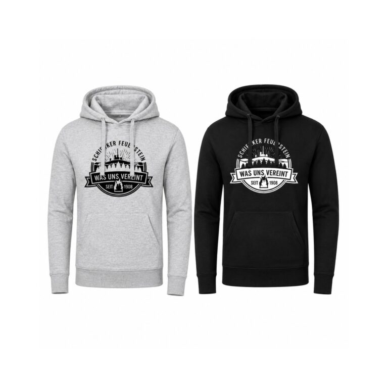 Graue und schwarze Kapuzenpullover mit Aufdruck.