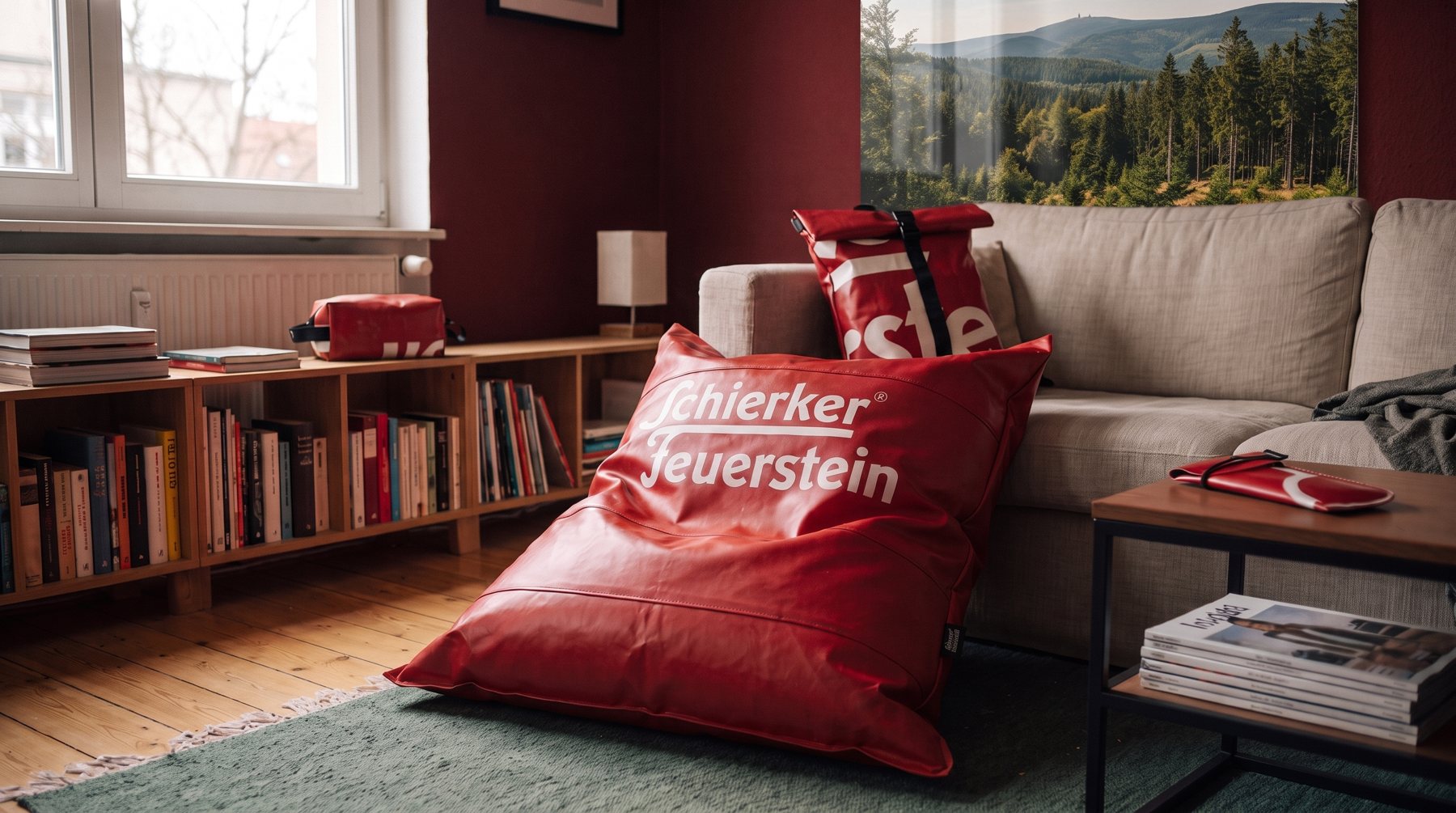 Roter Sitzsack aus einem Schierker Feuerstein Werbebanner auf einem Sofa (KI-generiert)